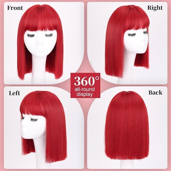 ? Women Red Short Bob Wigs 12Inch Heat Resistant Synthetic Daily Party Cosplay main image 7